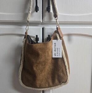 Brown Suede Shoulder Bag With Sherpa Trim And Strap, NEW WITH TAGS